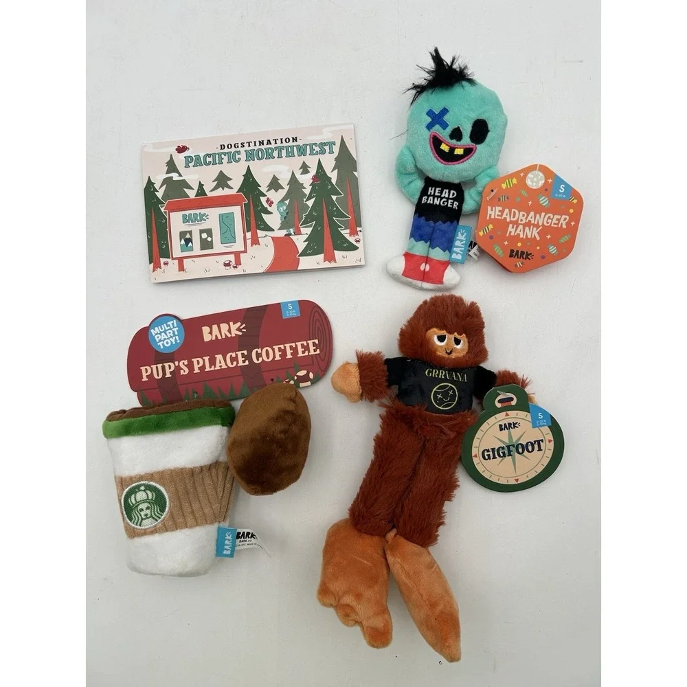 Bark Box Lot Of 3 Small Dog Toys Pup's Place Coffee Gigfoot Headbanger Hank New